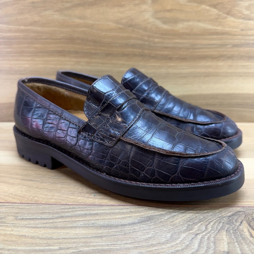 Ralph Lauren Vintage Penny Loafers Croc Womens 5.5 B Dark Brown Leather Lug Sole - Picture 2 of 11